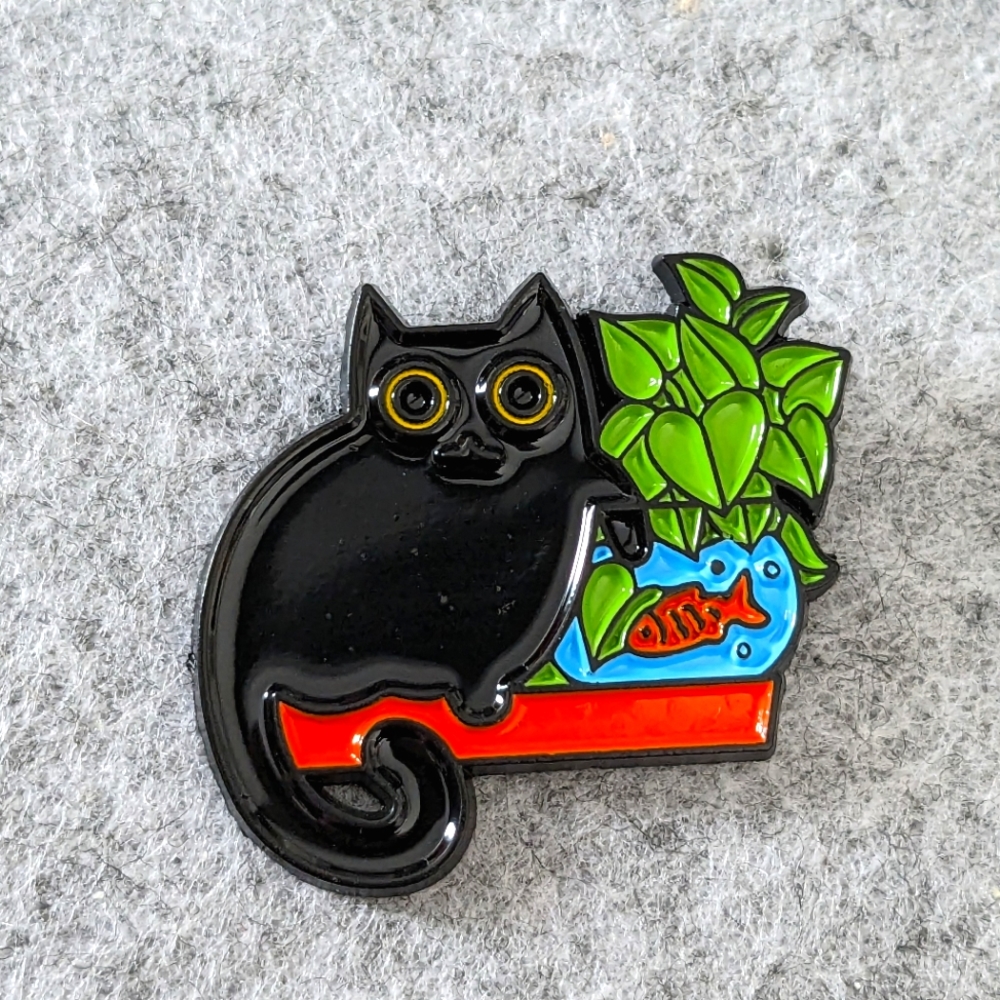 Oops, Busted! Black Cat with a Paw in the Fishbowl Pin